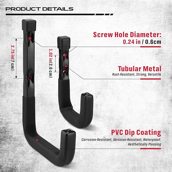 SEDY Heavy Duty Garage Storage Hooks: 4-Piece 6" & 3" Wall Mount J Utility Hooks Holds 88 LB, Large Metal Utility Hooks, Garage Storage Ladders for Bikes, Garden Tools