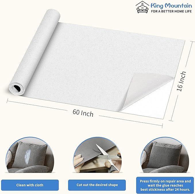 KING MOUNTAIN Canvas Repair Patch 16×60 Inch Self-Adhesive Waterproof Fabric Patch for Sofas, Tents, Furniture,Tote Bags, Car Seats (White)