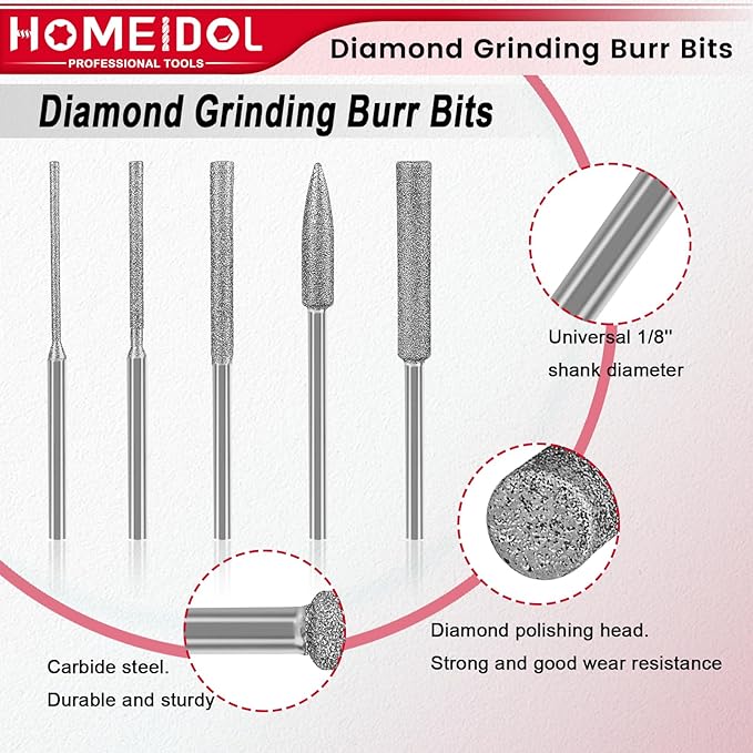 Stone Carving Set Diamond Burr Bits Compatible with Dremel, 11PCS Polishing Kits Rotary Tools Small Long Cone Accessories with 1/8’ Shank For Carving, Engraving, Grinding, Stone, Rocks, Jewelry, Glass