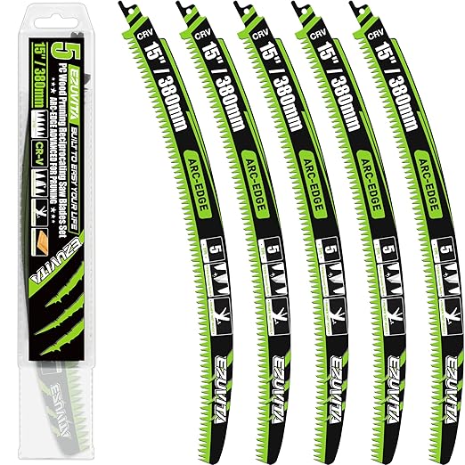 15-Inch Arc Curved Reciprocating Saw Blades Set with Storage Box – 5 Pieces, 5 TPI, CR-V Steel for Tree Trimming & Wood Pruning