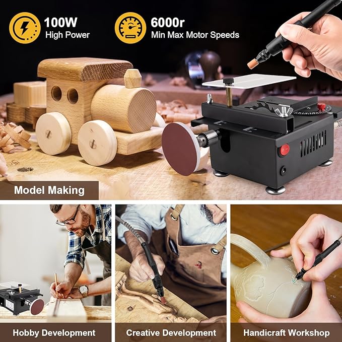 Mini Table Saw for Crafts, Portable Small Hobby Table Saw with 196 Accessories, Adjustable Speed & Angle, All-in-One Cutting, Sanding, Engraving for Wood, Plastic, PCB, Acrylic (Liftable)