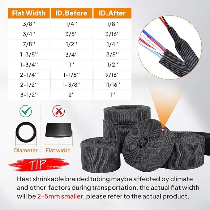 Black 2:1 Ratio Automotive Heat Shrink Braided Sleeving,Wear-Resistant Flat Woven Shrinkable Sleeve Fabric Car Cable Wires Hoses Protection (1/4"-26ft)