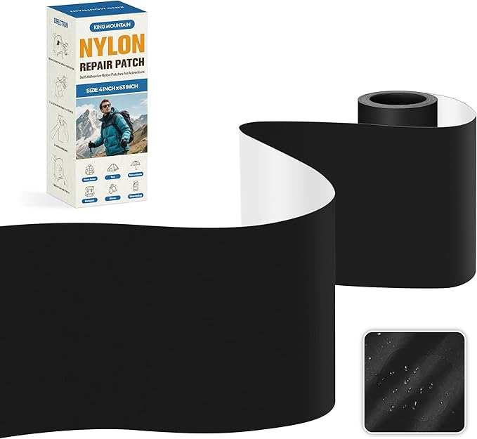 KING MOUNTAIN Self Adhesive Nylon Fabric Repair Tape, 4×63 Inches, Quick Down Jacket Repair Patch, Waterproof Outdoor Gear Patch Kit for Tent,Backpacks,Umbrella, Gloves, Sleeping Bag (Black