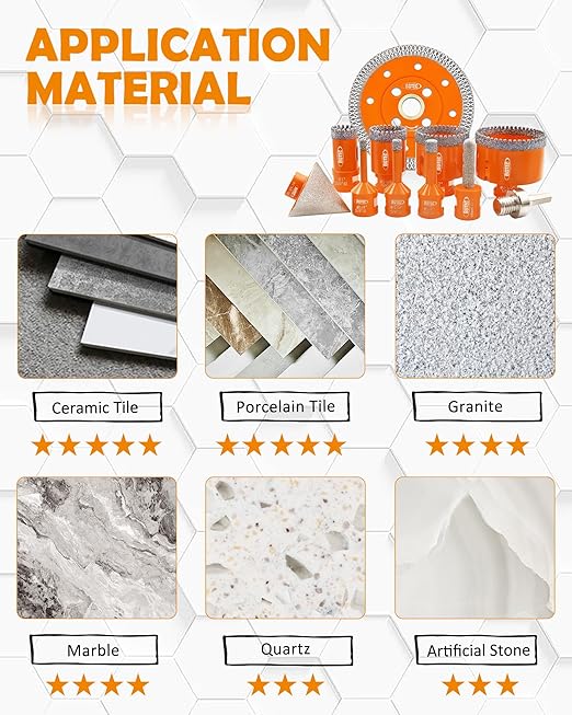 BGTEC Diamond Hole Saw Kit - 10PCS 6/8/10/25/35/50/65mm Drill Bits & 10mm Milling Finger Bit & 50mm Chamfering Bit & HEX & 100mm Tile Blade for Porcelain Tile Ceramic Granite Marble Stoneware