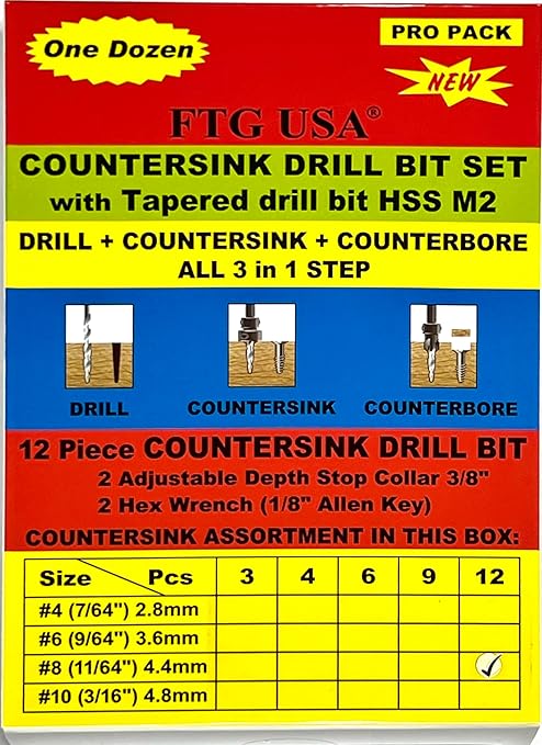 FTG USA 12 Pc #8 (11/64") Countersink Drill Bit Set with Depth Stop Collar, Hex Wrench - Tapered Drill Bits for Wood