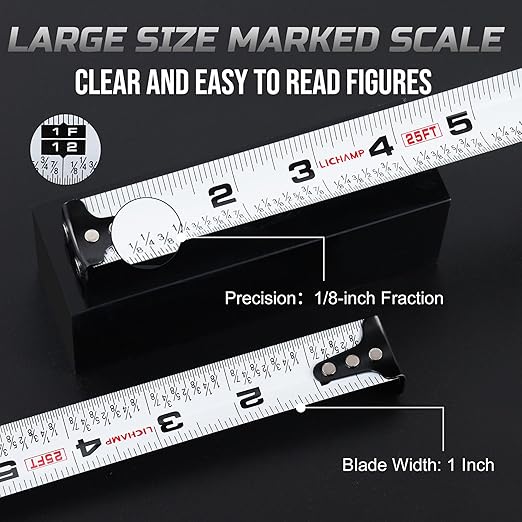 LICHAMP Tape Measure 25 ft with Magnetic, 6 Pack Bulk Easy Read Chrome Measuring Tape Retractable with Fractions 1/8, Measurement Tapes 25-Foot by 1-Inch, Square