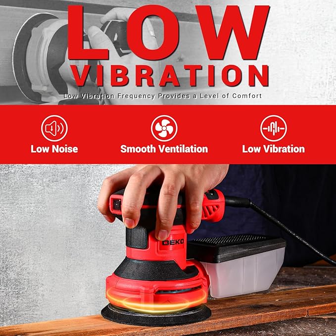 Orbital Sander Corded Hand Sander: DEKOPRO 5" Random Orbital Sander with Dust Box, 6 Various Speeds Electric Palm Sander with Dust Box, 16Pcs Sandpapers for Woodworking & Sanding (Red)