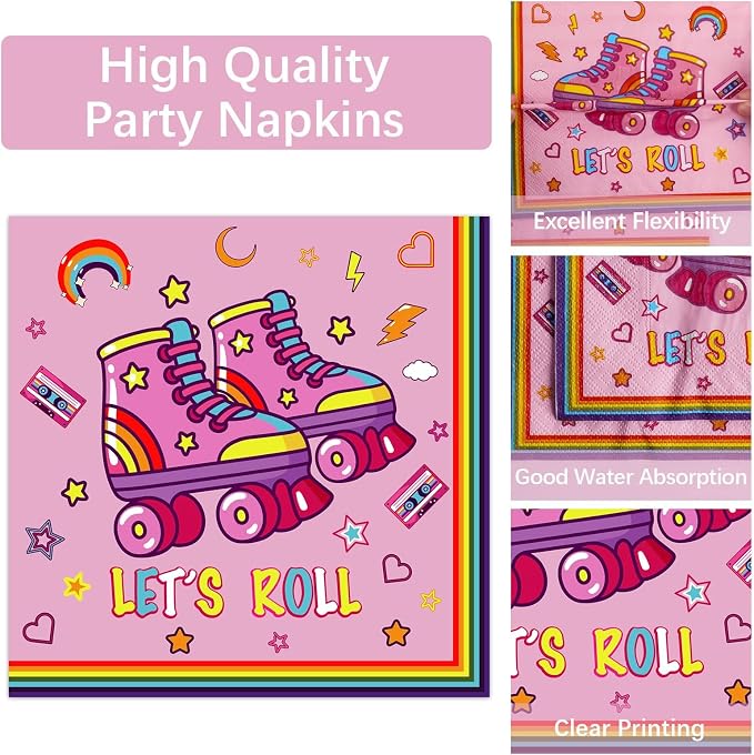 Qyeahkj 100 Pcs Roller Skating Party Plates and Napkins Set Pink Roller Skate - Image 4