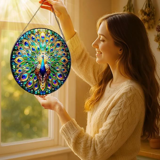 Stained Glass Window Hanging, LAOWEIKI 8'' Peacock Suncatcher, Stained Glass - Image 2