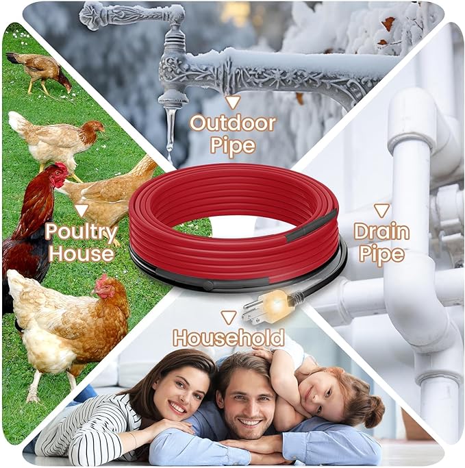 10 FT Heat Tape for Water Pipes Freeze Protection with Thermostat, Electric Heat Trace Pipe Heating Cable Energy-Saving 120V 7W/FT