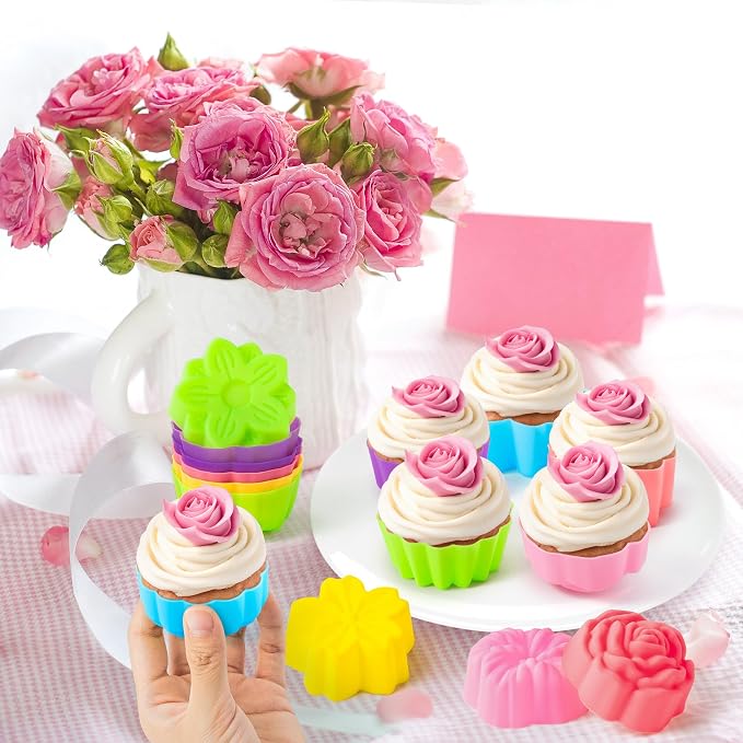 R HORSE 42 Pack Mini Silicone Cupcake Molds | Multi Flower Shaped Baking Cups - Image 4