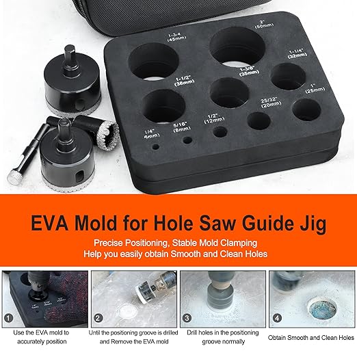 ASNOMY 10PCS Diamond Hole Saw Set, 1/4"-2" Inch Serrated Brazing Tile Hole Saw Diamond Core Drill Bits Set with EVA Mold Hole Saw Guide Jig for Porcelain Tile Glass Ceramic Stone Granite Marble