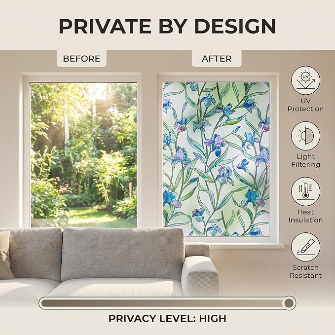 Coavas Window Privacy Film: Stained Glass Window Film Decorative 3D Violets - Image 3
