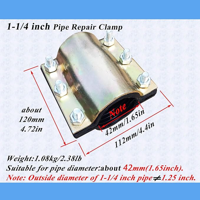 Water Pipe Repair Clamp for 1-1/4 inch Pipe(OD of The Applicable Pipe is 1.65 inch),Leak Sealer for Pipes and Plumbing,Length 4.72 inch,Suitable for PE/PPR Pipes,Steel/Iron Pipes