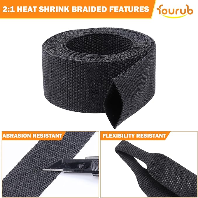 50% Ratio Heat Shrink Automotive Wire Loom Shrinkable Braided Sleeving Fabric Shrink Tubing Wear-Resistant Woven Wire Sheathing(1-3/8"-10ft)