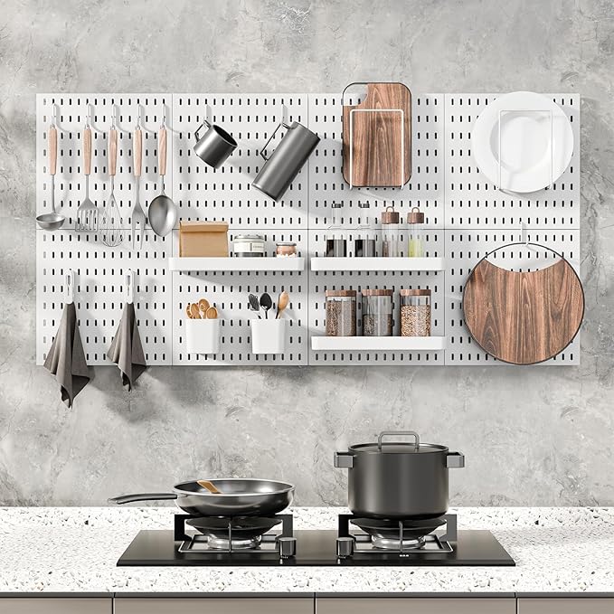 Pegboard Combination Kit, Wall Mounted Storage Set with 8 Pegboards & 32 Accessories Hanging, White Peg Boards Organizer for Walls Display, Crafts Organization, Kitchen Organizer, 22" x 44"