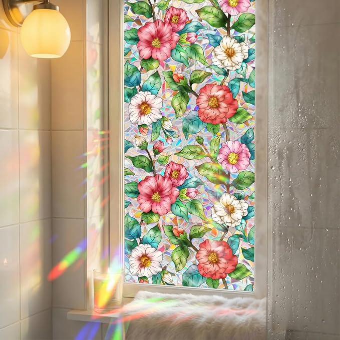 Camellia Window Film Decorative Privacy, Static Cling Stained Glass Film - Image 5