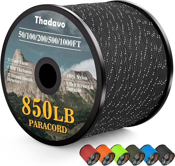 Reflective Paracord Rope 850Ib, 50/100/200/500/1000ft 4MM 11 Strand para Cords Lanyard Utility Parachute Cord for Tent Camping Hiking Fishing Survival Tactical DIY Projects, Black 1000FT