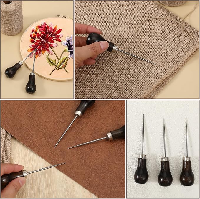 10 PCS Awl Tool Set Scratch Awl for Leather Punch Hole Wooden Handle Scratch Awl Sewing Leather Craft or DIY Handmade Pin Punching Needles, Gourd Shape