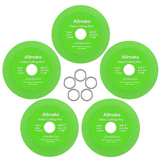 Glass Cutting Disc, Allmake 5pcs Rock Slab Grinding Disc 4.5 Inch for Angle Grinder, Diamond Glass Cutter Saw Blades for Grinding Cutting Bottle Crystal Ceramic Tile, Discos para Cortar Ceramica