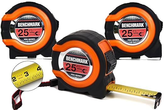 Benchmark - 3 Pack - 25 ft Tape Measures - Easy to Read Fractions to 1/8th inch - Magnetic Tip - Thumb and Quick Lock - Autowind - Belt Clip - Orange/Red