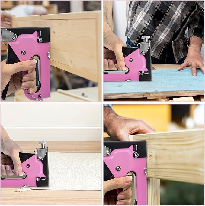 3 in 1 Staple Gun, Women Pink Manual Stapler with 600 Staples, for Wood, Cable, Crafts, Fabric, Decoration, Carpentry, Furniture, Material Repair and DIY.