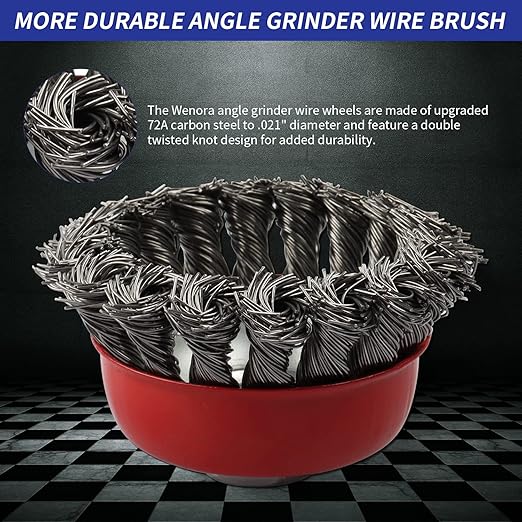 4 Inch Wire Wheel Cup Brush Set for Grinder, WENORA 6 Pack Wire Wheels for 4 1/2 Angle Grinder -5/8 Inch Threaded Arbor -0.02 Inch Carbon Steel Brush for Heavy Cleaning Rust Stripping