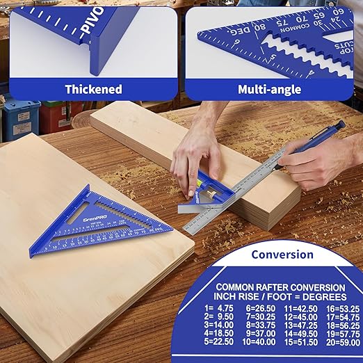 Square Combination Woodworking Tools, 7inch Carpenter Square Wood Working Tools and Accessories, 12inch Square Ruler, Includes 2-in-1 Carpentry Pencil, Protractor Angle Ruler Carpentry Tool