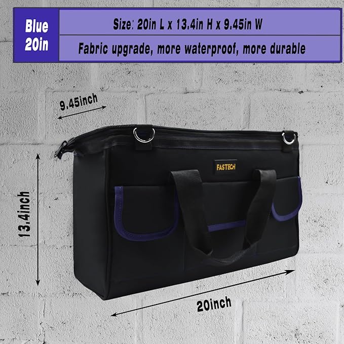 20 Inch Tool Bag, Waterproof Wide Mouth Tool Kit, Heavy Duty Tool Bag Organizer With Shoulder Straps, Tool Storage Package For Men/Women (20IN DarkBlue)