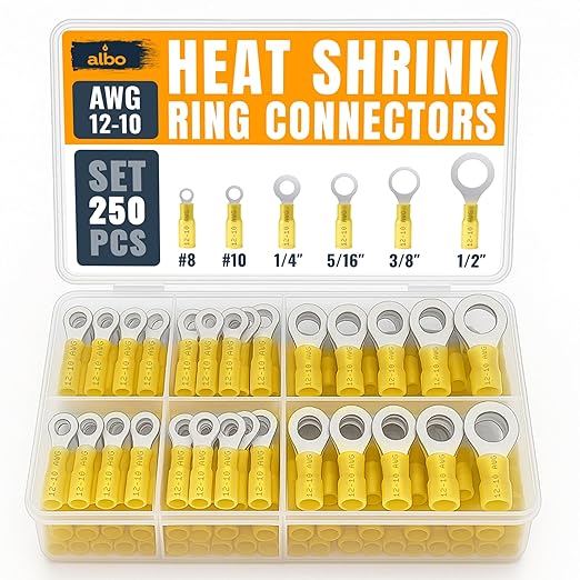 250PCS Yellow Heat Shrink Ring Terminal Kit – 12-10 AWG Wire Terminal Connectors Assortment, 6 Sizes (#8, #10, 1/4", 5/16", 3/8", 1/2") – Waterproof Tinned Copper Electrical Ring Connectors