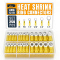 250PCS Yellow Heat Shrink Ring Terminal Kit – 12-10 AWG Wire Terminal Connectors Assortment, 6 Sizes (#8, #10, 1/4", 5/16", 3/8", 1/2") – Waterproof Tinned Copper Electrical Ring Connectors