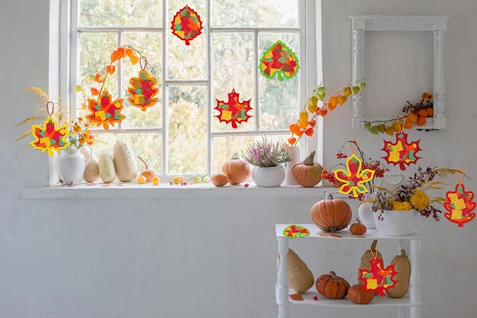 Renbuzhu 40PCS Fall Crafts Bulk: Leaves Paper Suncatchers DIY Kit - Image 3