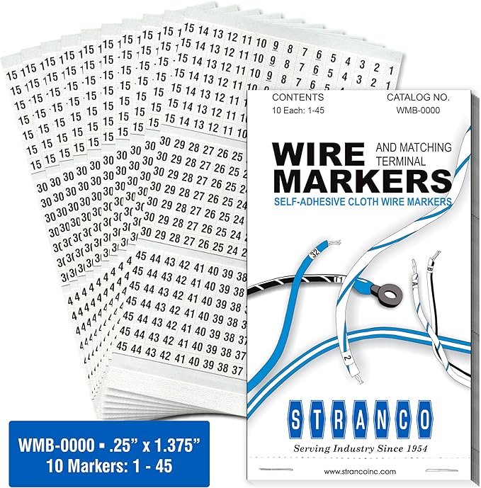 Premium Wire Marker Book for Cable Management, Vinyl-Coated, High-Tack Adhesive, Electric Panel Wire Label Stickers - 10 Pages, 1 Book, Numbered 1-45 (Pack of 5)