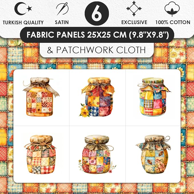 Patchwork Honey Jar Cotton Fabric Panel – 6 Designs + Bonus Sheet 29.5×19.6 inch - Image 3