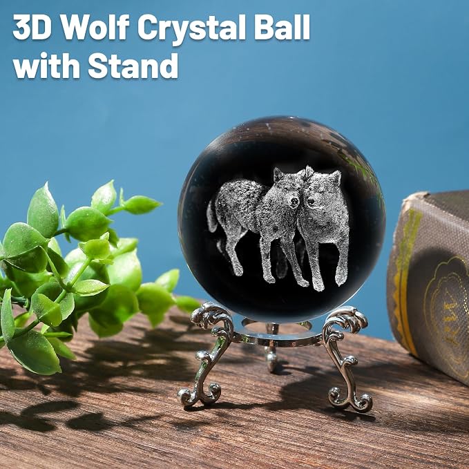3D Wolf Crystal Ball with Stand Lase Engraved Glass Sphere Paperweight Wolf - Image 3