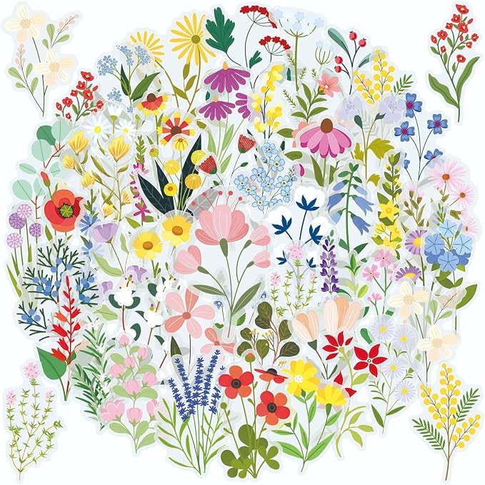 50PCS Transparent Flora Scrapbook Stickers, Flower-F | Vintage Aesthetic Flowers by Unknown