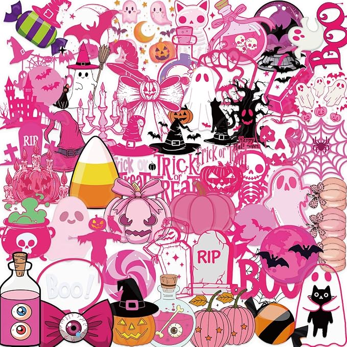 50 Pcs Clear PET Pink Halloween Stickers Decals by Unknown