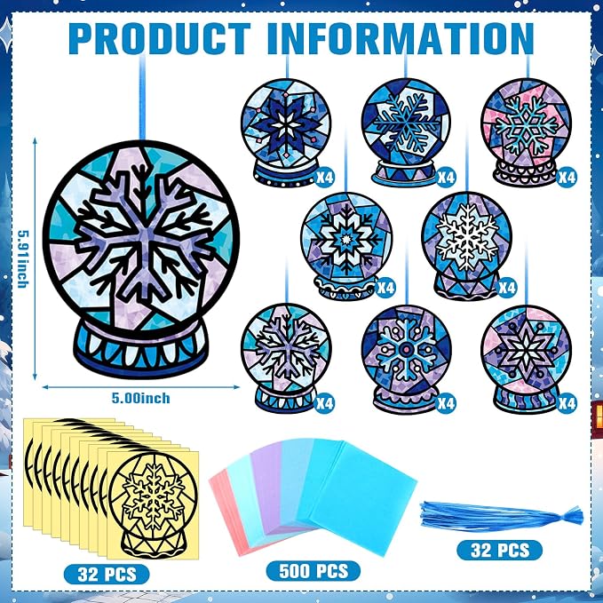 Eersida 32 Pcs Winter Snow Globe Suncatcher Craft Kit, 8 Designs Stained Glass - Image 3