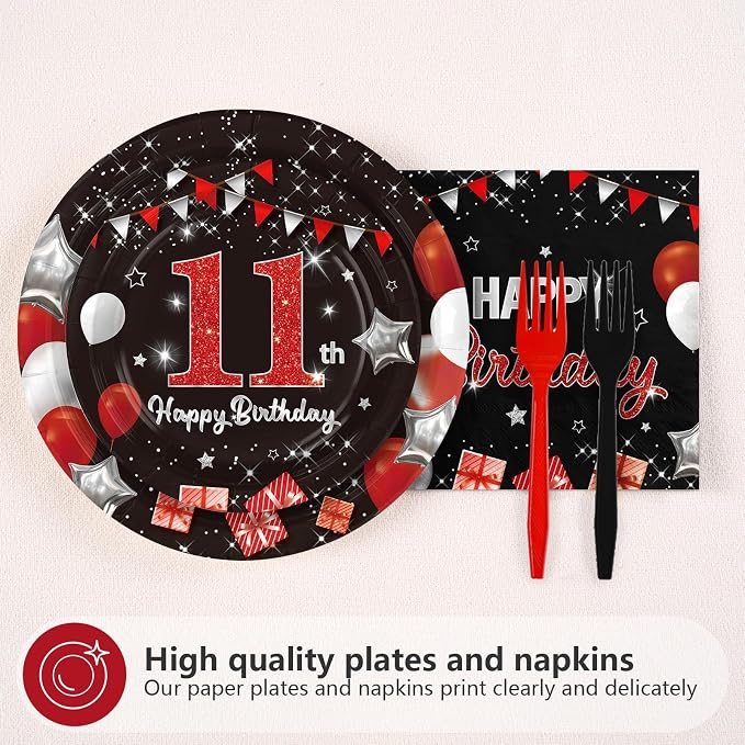 96Pcs Red and Black Party Decorations Happy 11th Birthday Plates and Napkins - Image 2