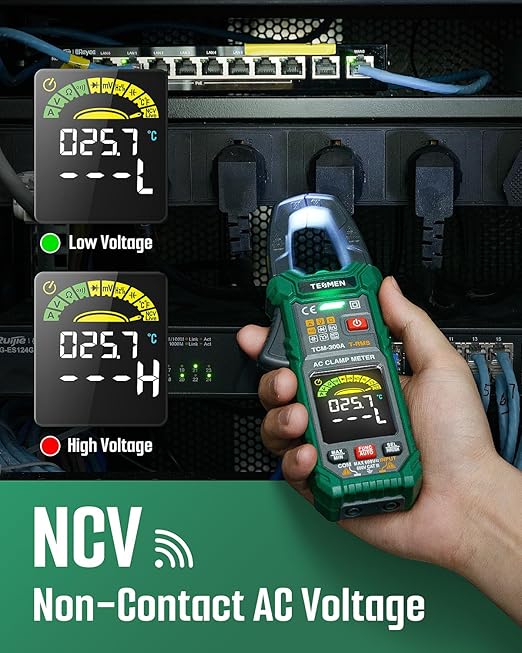 TESMEN TCM-300A Inrush Clamp Meter Multimeter 6000 Counts TRMS, Auto-Ranging Voltmeter Amp Meter with AC Current Capacitance AC/DC Voltage NCV/Live Wire Resistance Diode Temperature Continuity – Green