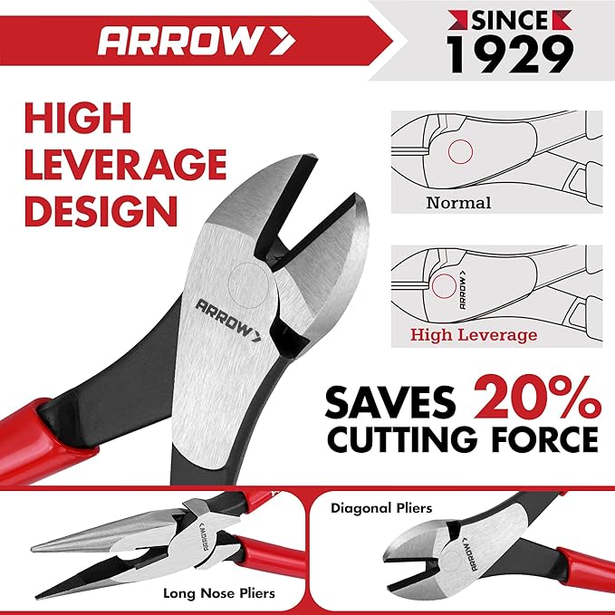 ARROW 5PCS Pliers Set, 6" Slip Joint, 7" Diagonal, 8" Needle Nose Pliers, 8"&10" Groove Joint with Non-slip Handle, Portable Rolling Bag With Handle, Premium Carbon Steel