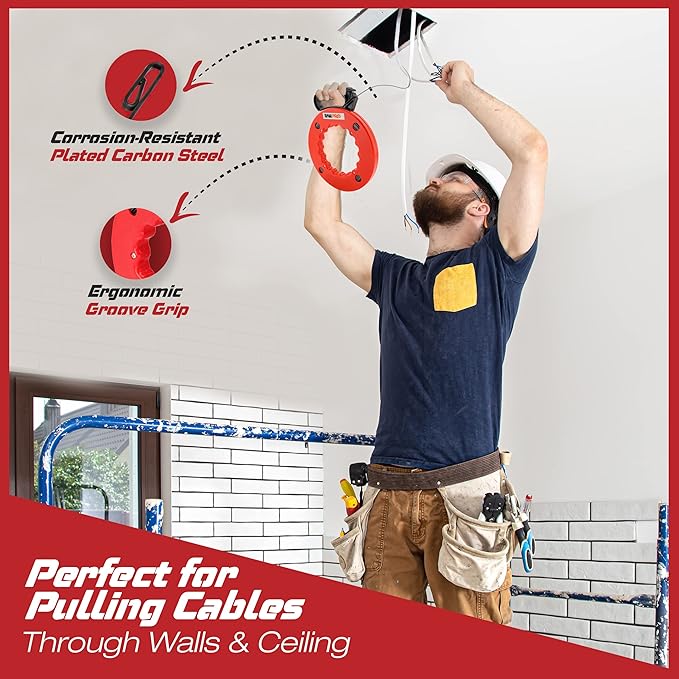 Fish Tape Wire Puller 50ft - Easy to use Cable Puller Tool with Double Loop Tip - Flexible Wire Fishing Tools for Walls and Electrical Conduit - 1/8 Steel Fish Tape Durable Housing - RamPro