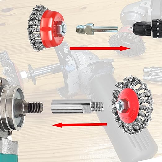 9 Pack Wire Wheel Brush kit with 5/8"-11 Thread Grinder Extension Rod & Drill Adapter,4" & 3" Wheel Cup Wire Brushes(Wire Wheel Set with Grinder Extension Rod & Drill Adapter)