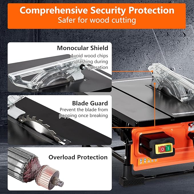 Table Saw for Jobsite 8-inch, 6.7-Amp Copper Motor, Cutting Speed up to 3576RPM, 24T Blade, Compact Portable Table Saw Kit, with Sliding Miter Gauge DIY Woodworking and Furniture Making, Orange
