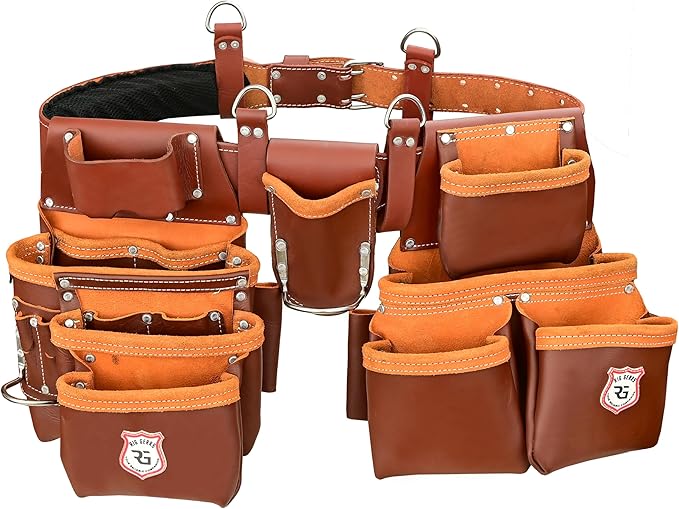Leather Tool Belt with Adjustable Hook - Premium Heavy Duty Tool Belts for Men with 22 Multi-Purpose Pocket Tool Pouch (Maroon, Standard), RG-004
