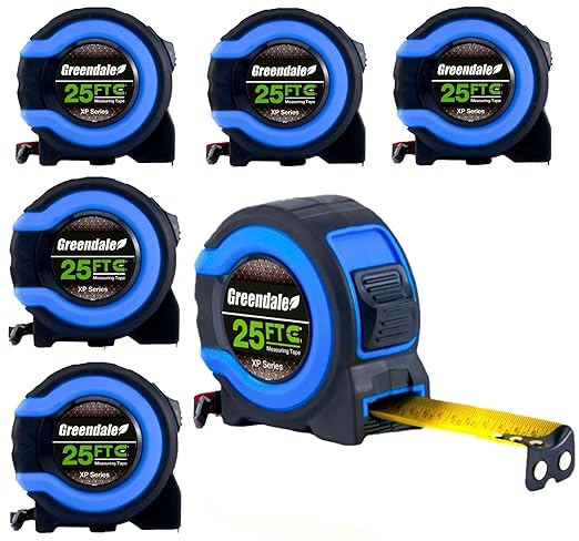 Greendale - 6 Pack - 25 ft Tape Measures - Easy to Read Fractions to 1/8th inch - Magnetic Tip - Thumb and Quick Lock - Autowind - Belt Clip - Blue