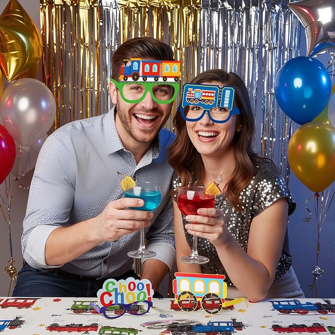 Pajean 32 Pcs Train Party Decoration Train Themed Paper Eyeglasses Photo Booth - Image 6