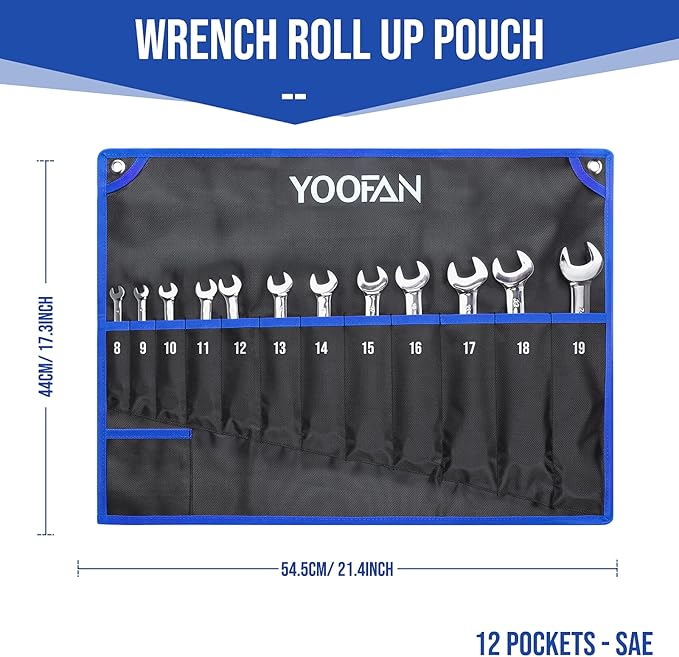 YOOFAN Wrench Roll Up Pouch – Wrench Organizer with 12+1 Pockets, Wrench Bag with Handle, Wrench Holder for Hanging, Blue – Metric
