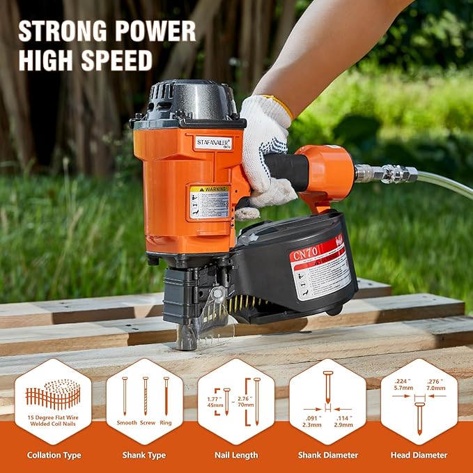 CN70 Pneumatic Siding Nail Gun for 1-3/4-Inch to 2-3/4-Inch 15-Degree Nails, Coil Siding Nailer with Rapid Shooting Rapid Shooting Engine for Pallets, Siding, Crating, Fencing, Decking