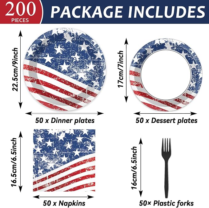 50 Guests 4th of July Paper Plates Napkins Forks American Flag Tableware Set - Image 2